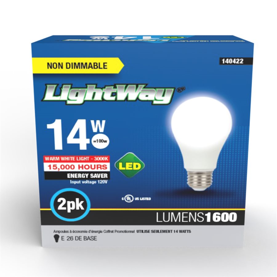 2PK A19 LED NON-DIMMABLE 14W WHT